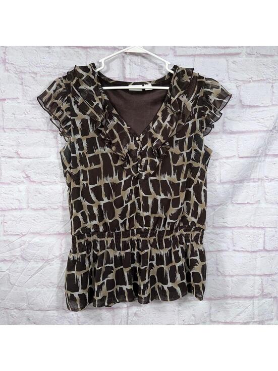 Cato Tops - Cato Women’s Brown Abstract Print Ruffle Sleeveless Blouse Size Small